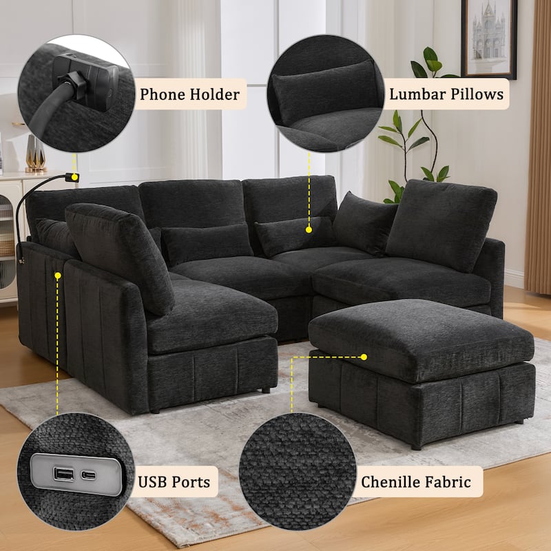 Modular Sectional Sofa with Movable Ottoman Convertible L-Shape or U-Shape Sofa Bed Built-in USB Charging Ports and Phone Holder