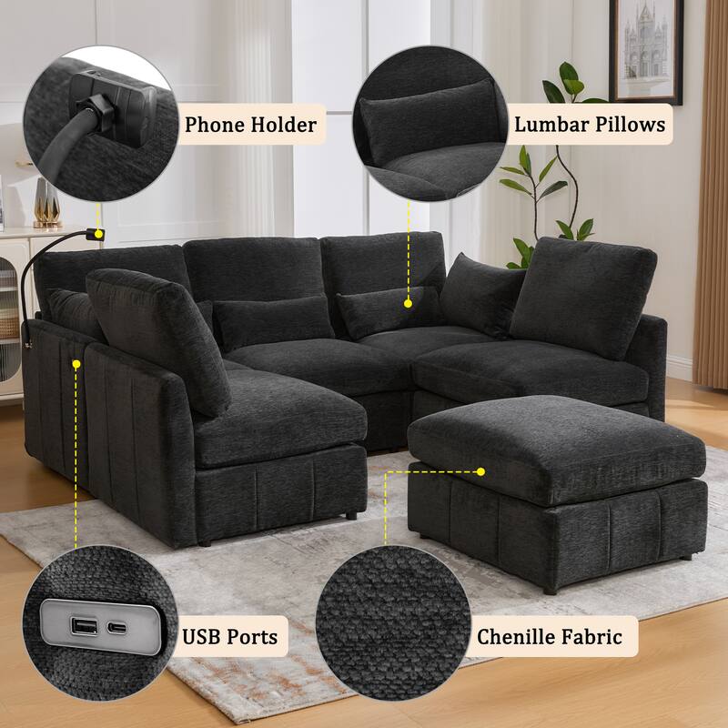 U Shaped Modular Sectional Sofa with Movable Ottoman, Chenille Upholstered 5-Seater Sofa with 2 USB Ports & Phone Holder