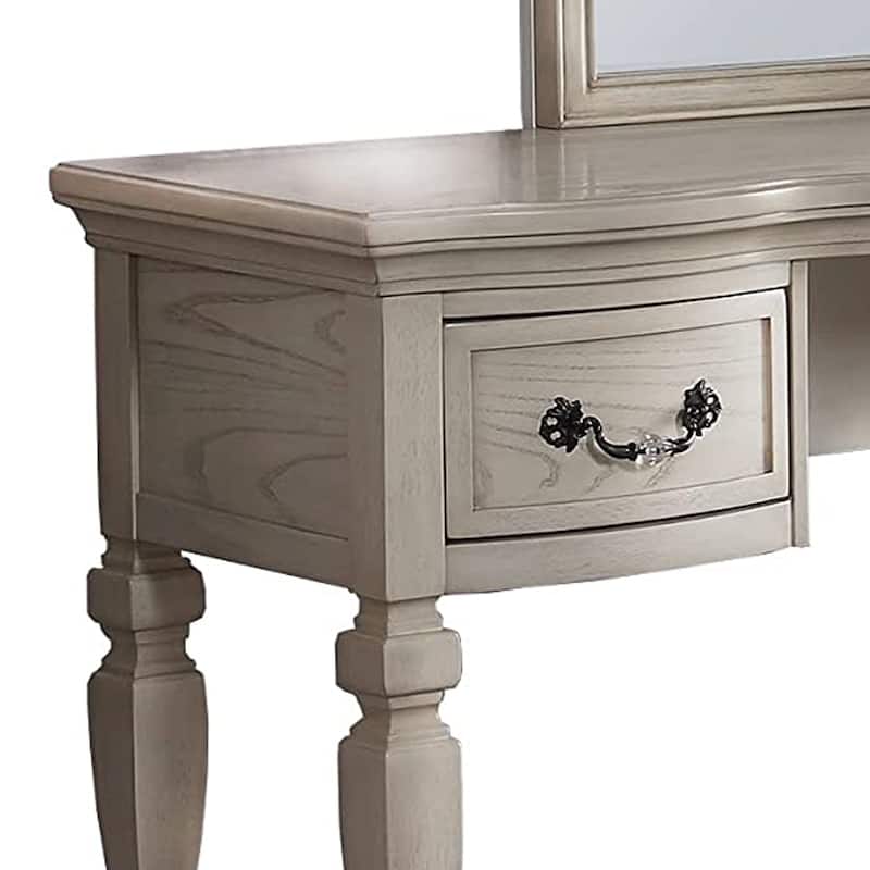 3 Piece Vanity Set with Carved Mirror and Turned Legs, Black