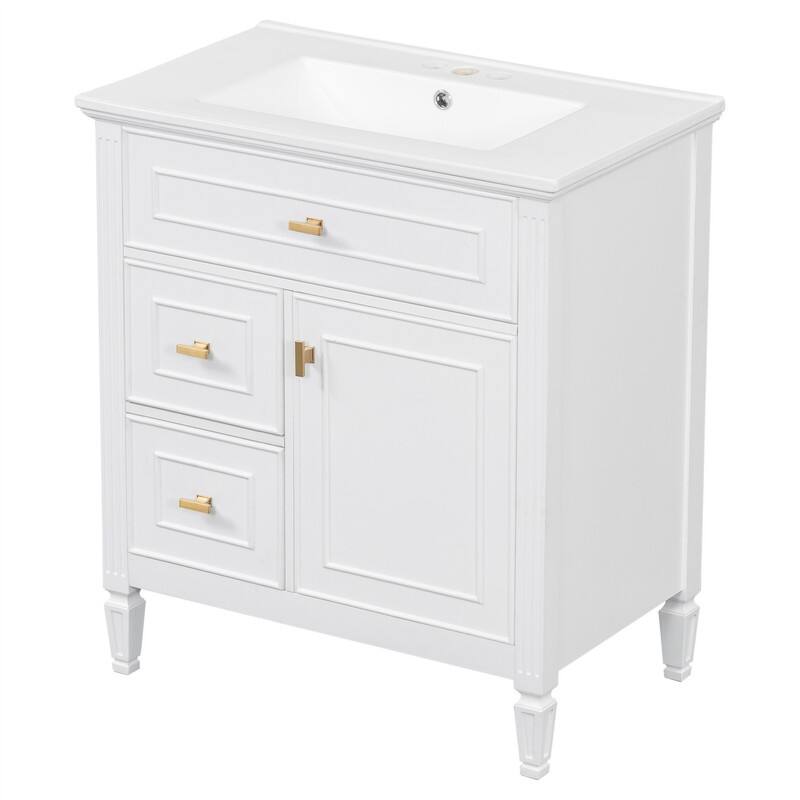 30" Bathroom Vanity with Ceramic Sink Combo, Bathroom Vanity Cabinet with 1 Flip Drawer, 2 Drawers & Adjustable Shelf