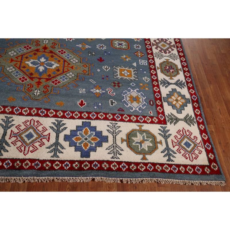 Geometric Blue Kazak Oriental Area Rug Hand-Knotted Wool Carpet - 7'11" x 9'9"