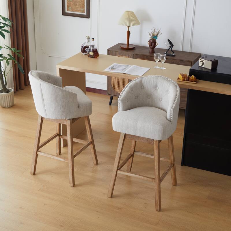 Set of 2, 33.25" Swivel Counter Stools with Faux Leather Cushion, Solid Rubber Wood Frame, Armless Design