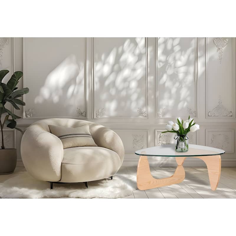 Modern Triangle Clear Glass Coffee Table with Wood Base - Dark Walnut