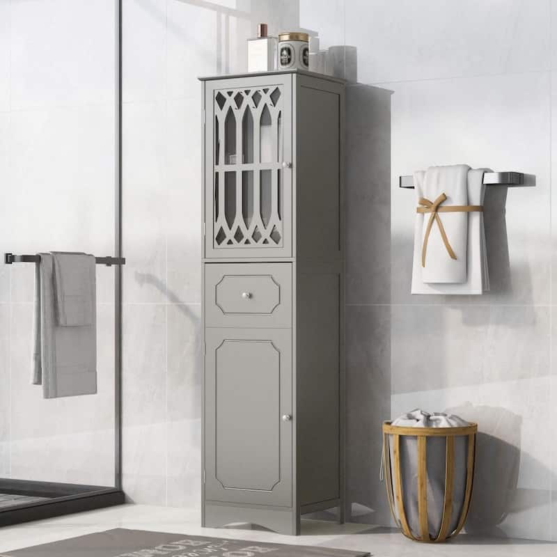 White/Grey Freestanding Linen Tower with 4-Tier Shelves - Space Saver Cabinet