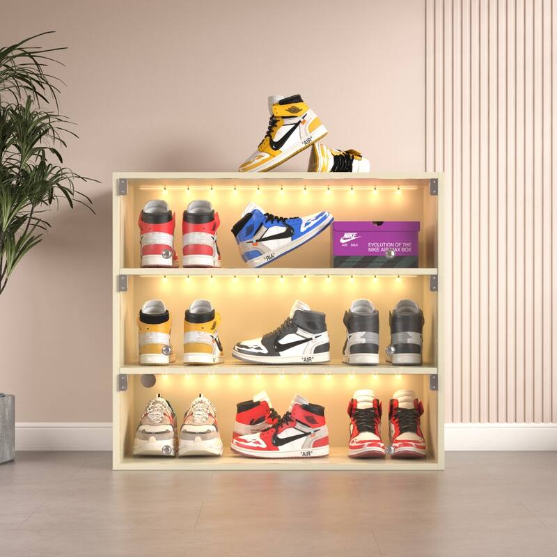 Freestanding 31.1in.W 3-Layer LED Light Shoe Box with Glass Doors - 3-Tire - Off White