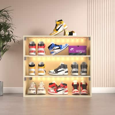 Freestanding 31.1in.W 3-Layer LED Light Shoe Box with Glass Doors - 3-Tire