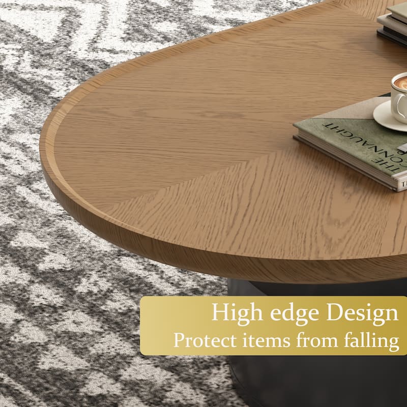 51.18" Mid Century Coffee Table, Oval Solid Wood Table with Drawer,Brown & Black