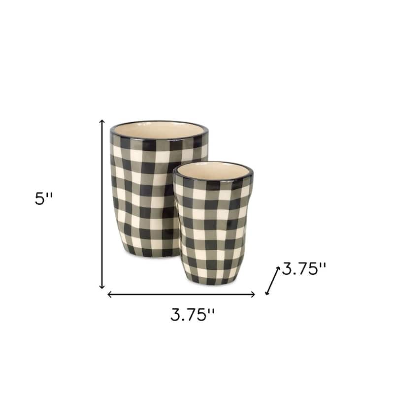 HomeRoots Set of Six Black And Ivory Ceramic 2 Ounce Geometric Round Pot Planters - 3.75 in. x 5.00 in. x 3.75 in.