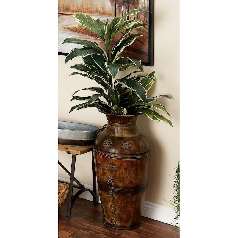 Metal Indoor Outdoor Large Vase with Floral Relief - Set of 2 Brown - Roche River Decor - 12"W x 12"L x 29"H