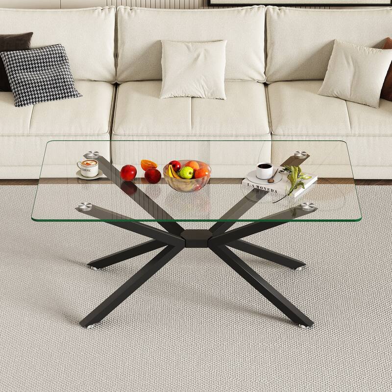 39.37" Rectangle Glass Coffee Table,Stylish Design with Metal Legs, Coffee Table for Living Room