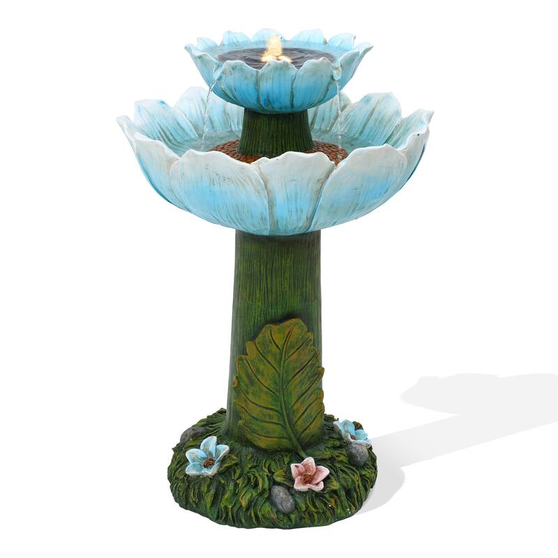 Solar Powered Blue Flower 2-Tier Resin Birdbath Fountain with Lights
