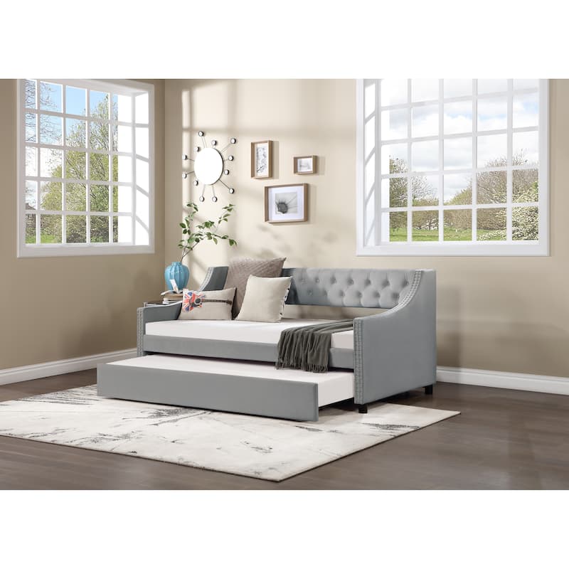 Light Gray Twin Size Modern Upholstered Tufted Daybed with Trundle