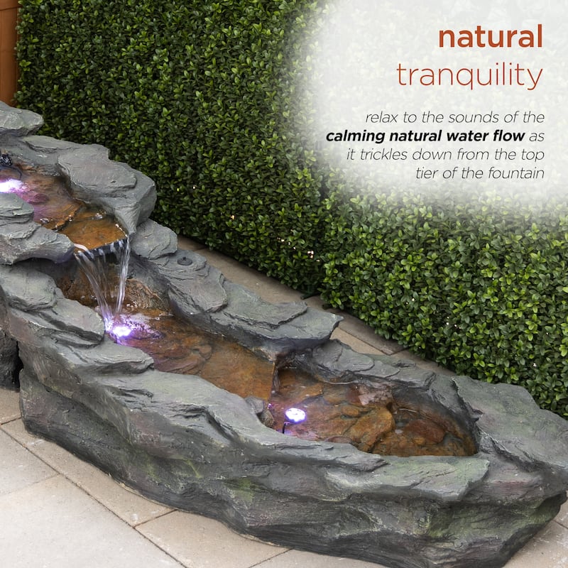 Alpine Corporation TZL240 76" Brown Outdoor Tiered Rocky River Stream Water Fountain with Color Changing LED Lights and Remote