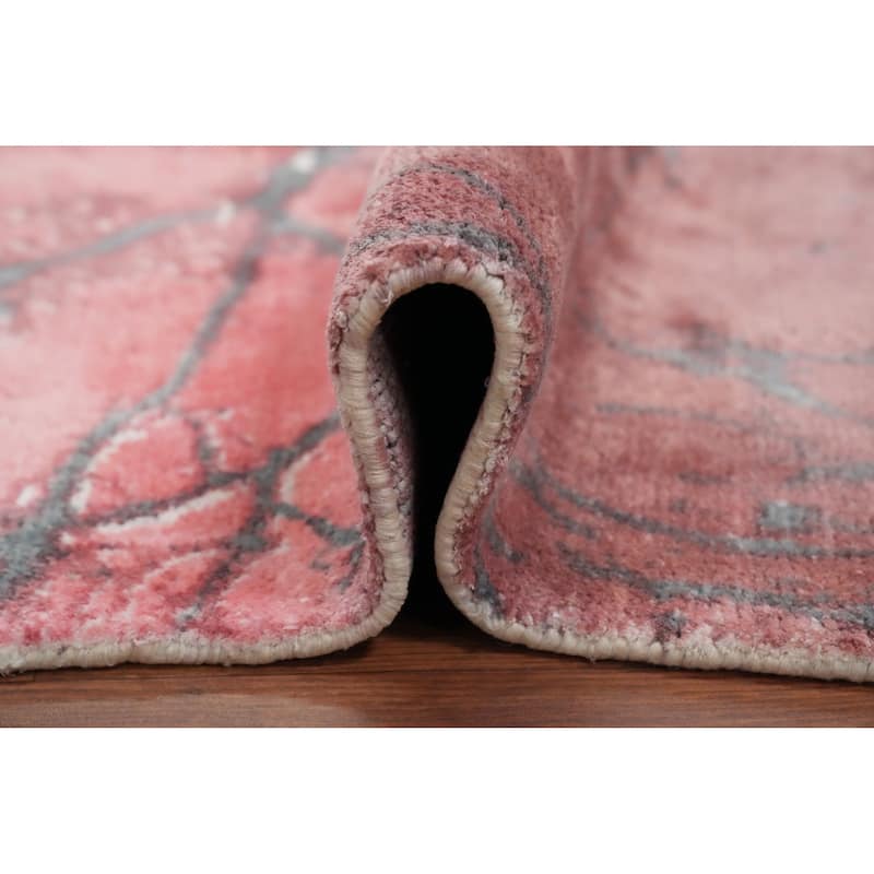 Hand Knotted Oriental Viscose Silk Carpet Modern Pictorial Pink Abstract Area Rug - 7' 2'' X 5' 3''
