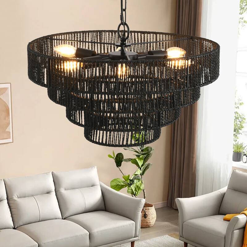 20" Rustic 4-Tier Black Hemp Rope Pendant Light Chandelier with 6 E12 Sockets, Boho Ceiling Light Fixture (Bulb Not Included)