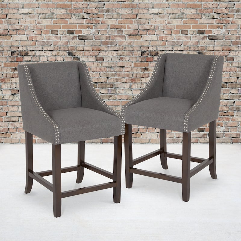 24-inch Transitional Curved Walnut Counter Height Stools (Set of 2) - 20"W x 22"D x 36"H - Dark Grey Fabric