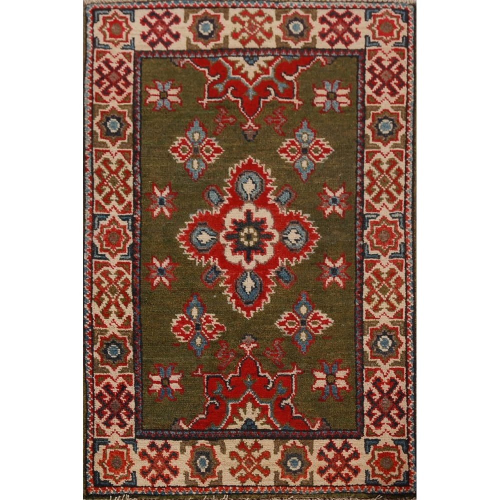 Green Kazak Oriental Foyer Rug Geometric Hand-Knotted Wool Carpet - 2'0"x 3'0"
