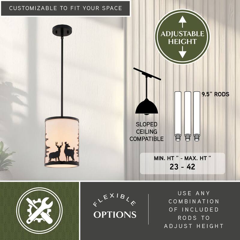 Acadia Bronze Rustic Mini Pendant Ceiling Light White Linen Shade Deer and Tree - 7.5-in W x 23-in H x 7.5-in D