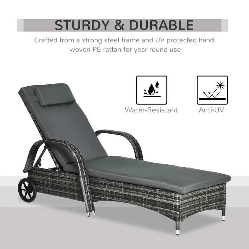 Wicker Chaise Lounge Chair with Adjustable Rattan Recliner, Cushion