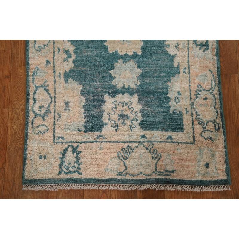 Hand Knotted Oriental 100% Wool Carpet Transitional Geometric Green Oushak Area Rug - 2' 10'' X 2' 1''