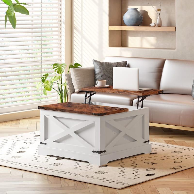 Square Lift-Top Center Table, Coffee Table with Barn Door, Sofa Table with Built-In USB, Dining Table with Power Outlets