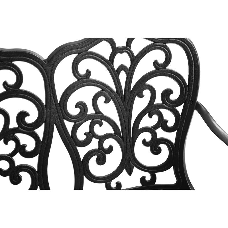 Cast Aluminum Outdoor Patio Bench with Floral Backrest Ergonomic Armrests Rust Resistant Garden Bench - 33.8" x 22.4" x 34.6"