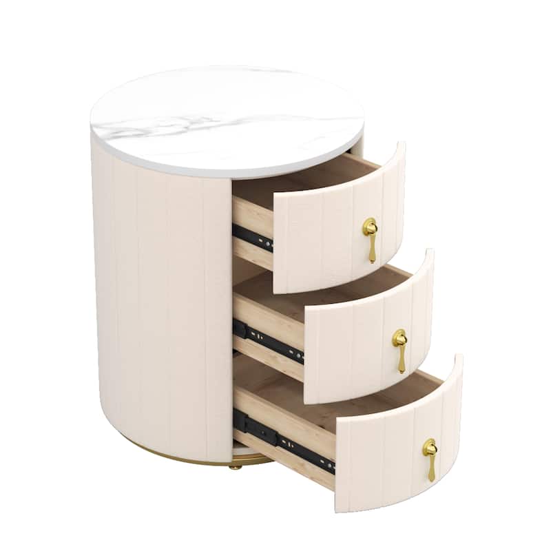 Round Nightstand with 3 Drawers, Velvet Upholstered Storage Cabinet, Sofa Side Table with Marble Table Top & Metal Legs