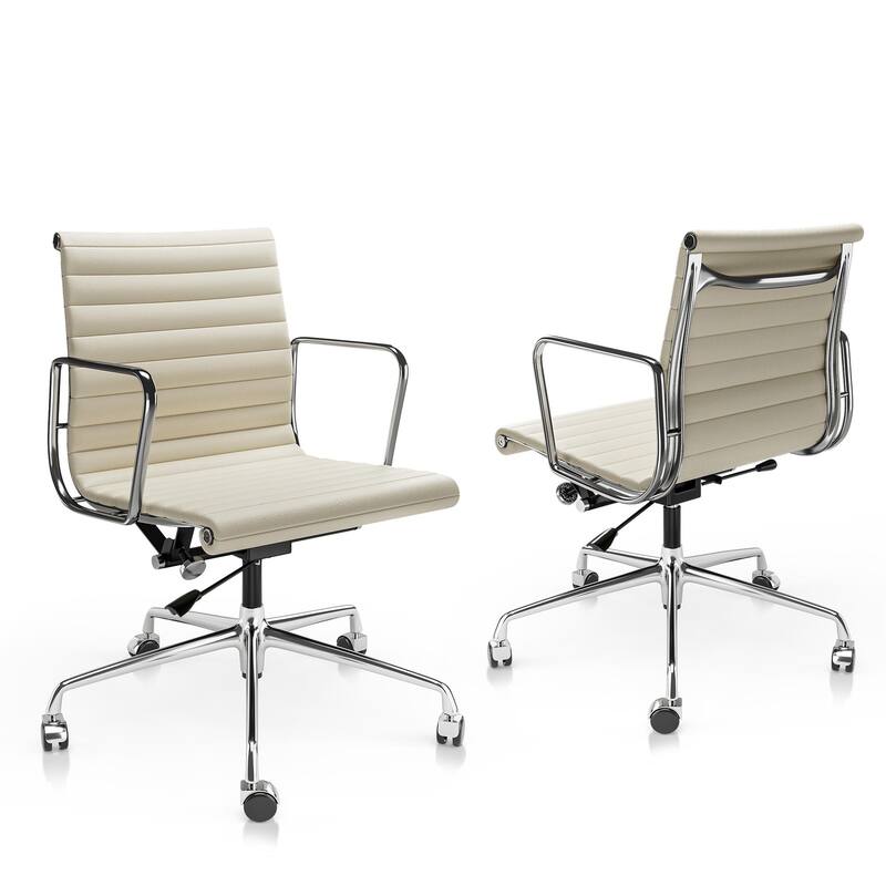 Genuine Leather Office Chair with Chrome Frame Adjustable Swivel Chair - Off White Low Back 
