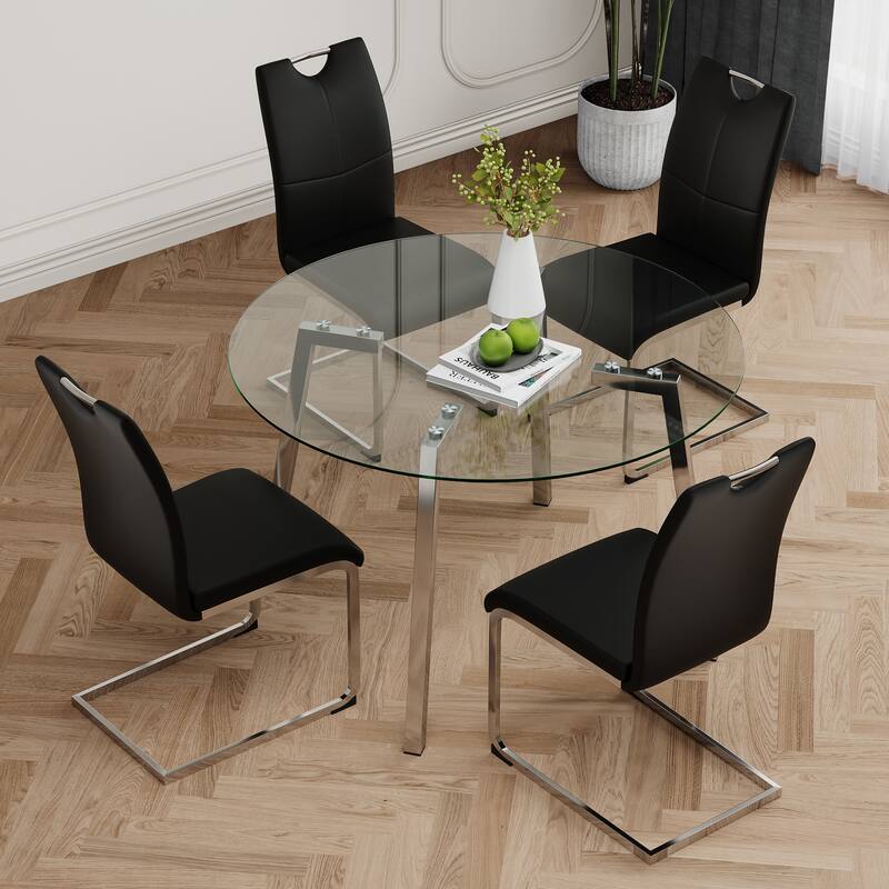 47.2" Round Glass Dining Table Set for 4, Modern 5-Piece Kitchen & Dining Table with 4 PU Chairs for Apartments, Kitchens