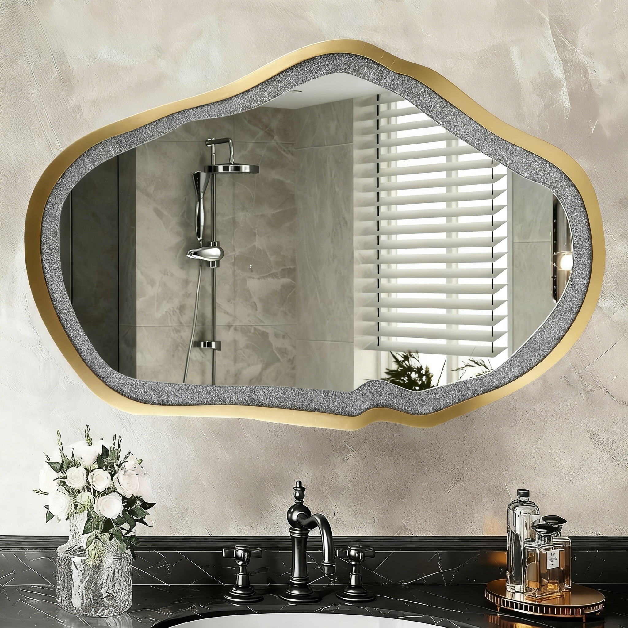 Mireve Modern Irregular Wall Mirror Asymmetrical Decorative Gold Bathroom Mirror - W32.5"xD0.8"xH47.2"