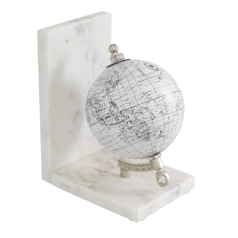 Marble Globe Decorative Bookends with Silver Metal Accents - Set of 2 White - Roche River Decor
