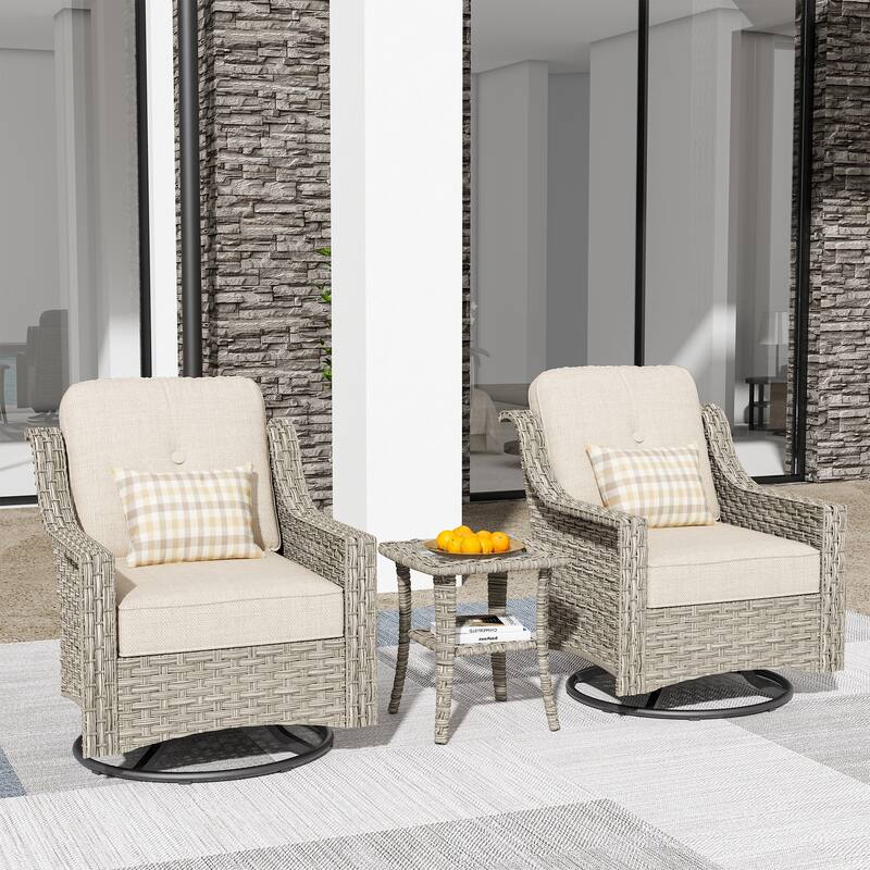 HOOOWOOO 3-piece Outdoor Patio Swivel Rocker Chairs with Side Table - Beige
