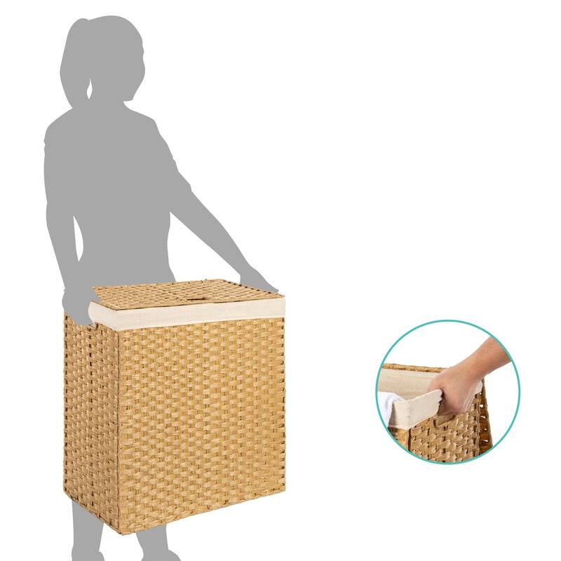 Natural Wicker Folding Laundry Hamper with 2 Bins and Linen Liner - 22 inches L x 12 inches W x 24 inches H