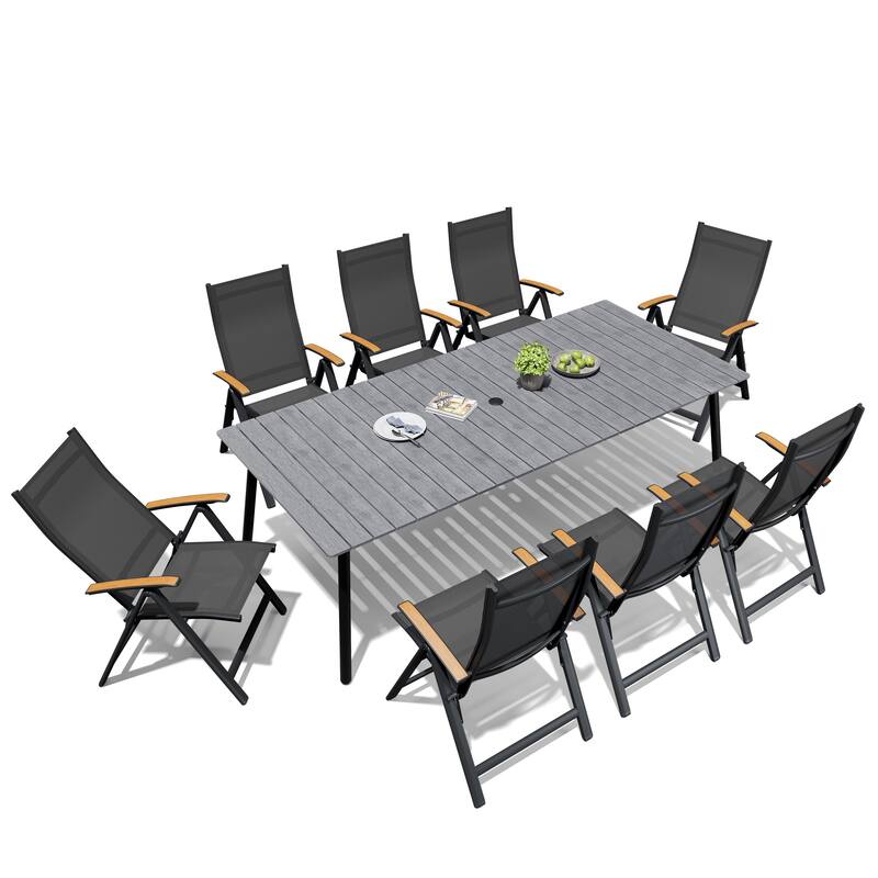 9-Piece Set Outdoor Aluminum Dining Table and Foldable Adjustable Dining Chairs - Grey