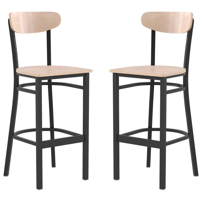 Commercial Metal Barstool with Wood Seat and Boomerang Back