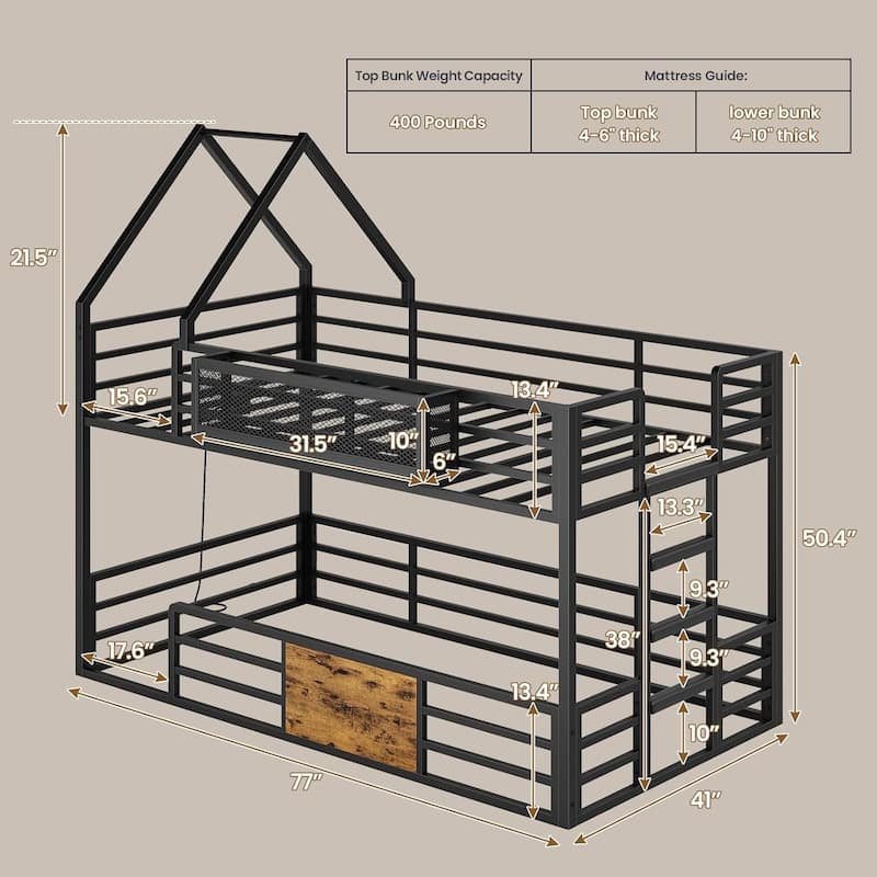 House Low Loft Bed Twin Size Storage Drawers Bookcase LED Lights