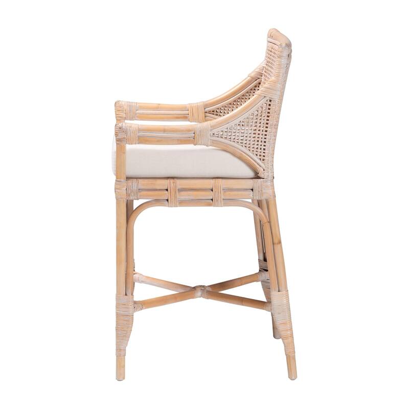 Allen Natural Rattan Counter Stool - Handwoven Wicker Stool with Lattice Back and Removable Cushion, Counter Height Seating