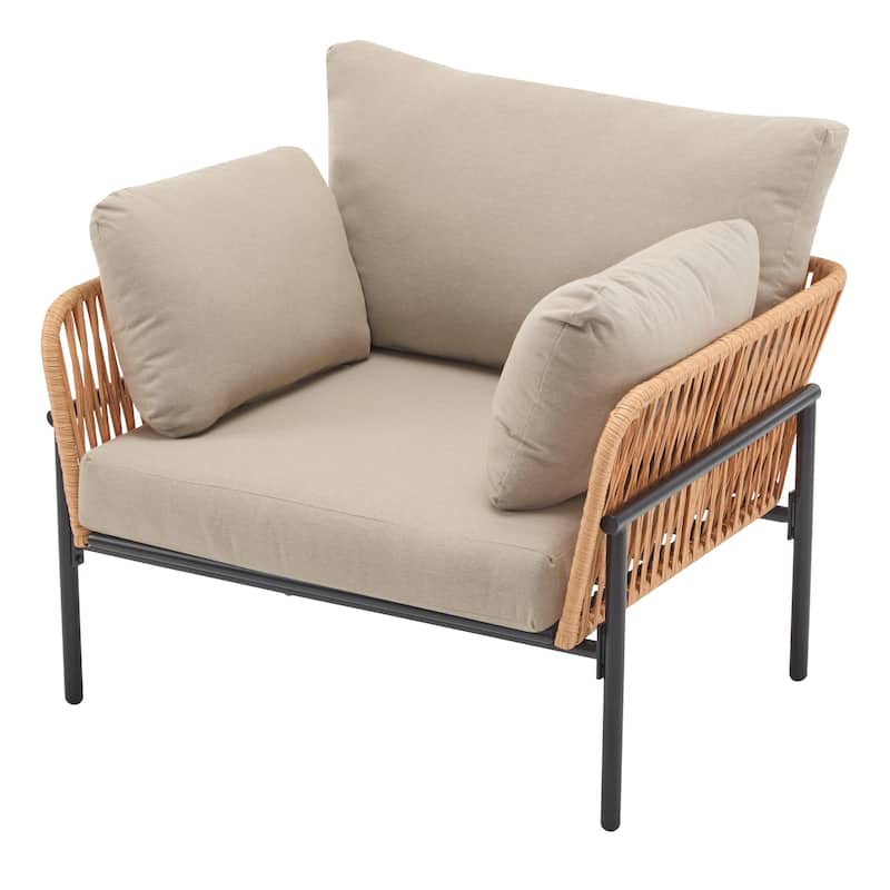 Iron Lounge Chair with Rope Weave and Plush Cushions