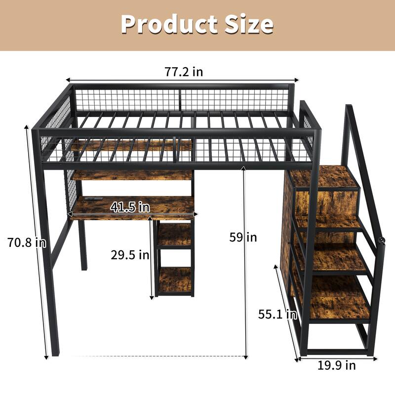 Full Size Iron High Loft Bed with Desk and Wardrobe, Heavy Duty Metal Bed Frame, Full Size Gaming Loft Bed with USB and Outlet