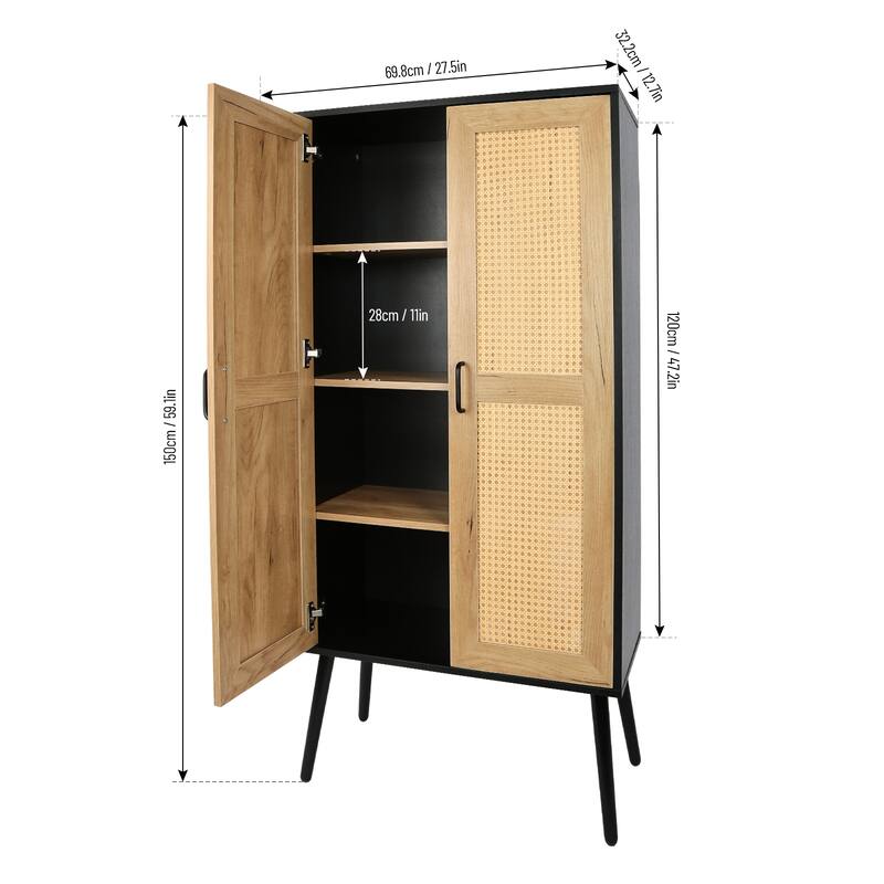 Rustic Wooden Farmhouse Storage Cabinet with Double Rattan Doors