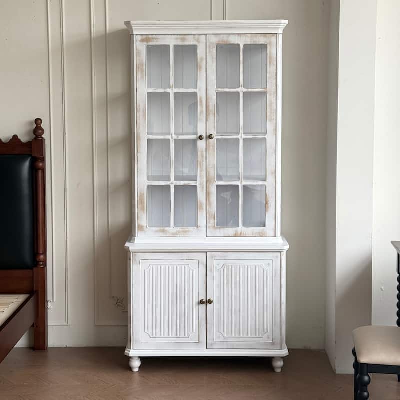77.5"Tall Vintage Display Cabinet with Double Glass Doors, Traditional Style China Cabinet Hutch Cabinet