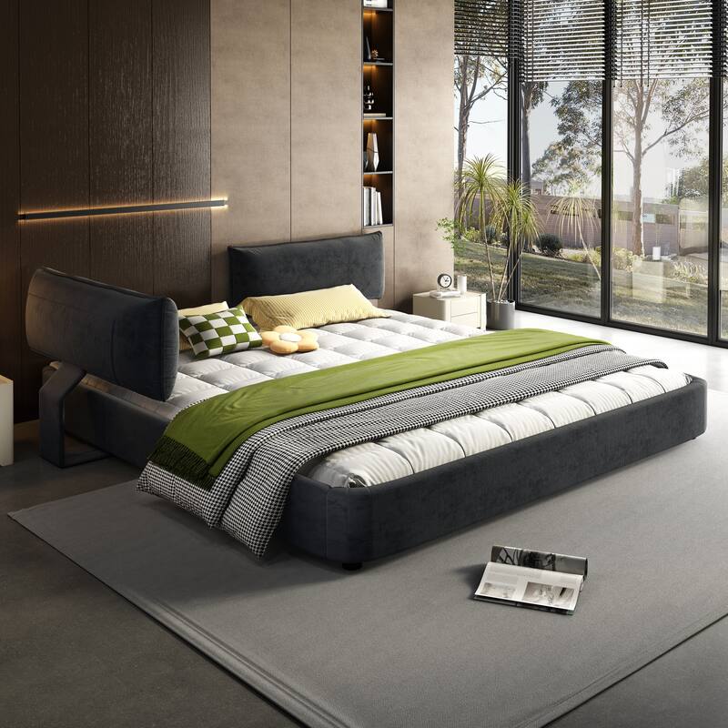 Low Profile King Size Cloud Bed Frame with Movable Headboard, Chenille Platform Bed with Metal/Solid Wood Slat Double Support