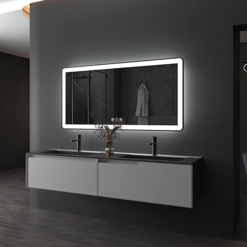 TOOLKISS Black Frame Anti-Fog Dimmable LED Light Vanity Bathroom Mirror with Backlit and Front Light