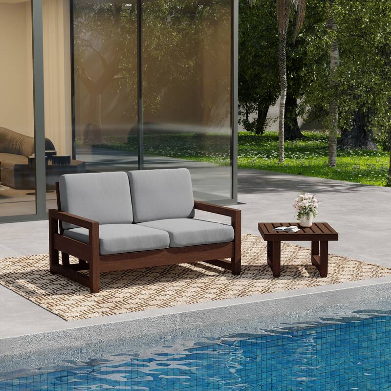 Teak Wood Cushioned Outdoor Patio Loveseat Set with Side Table