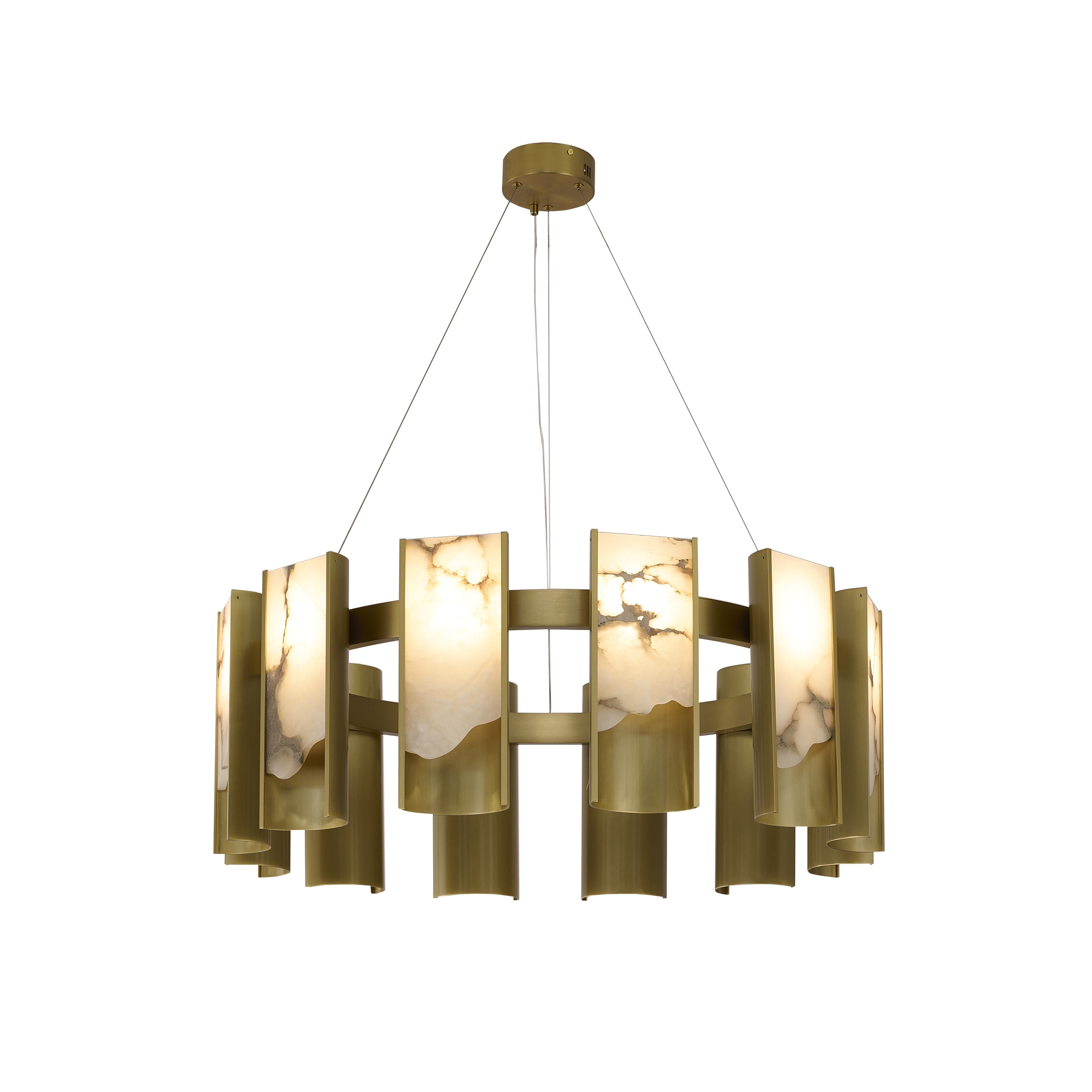 Transitional 12-Light Satin Brass LED Chandelier With White Alabaster
