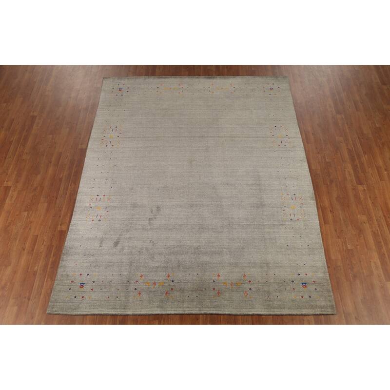 Striped Green Gabbeh Oriental Area Rug Handmade Tribal Wool Carpet - 7'9"x 9'7"