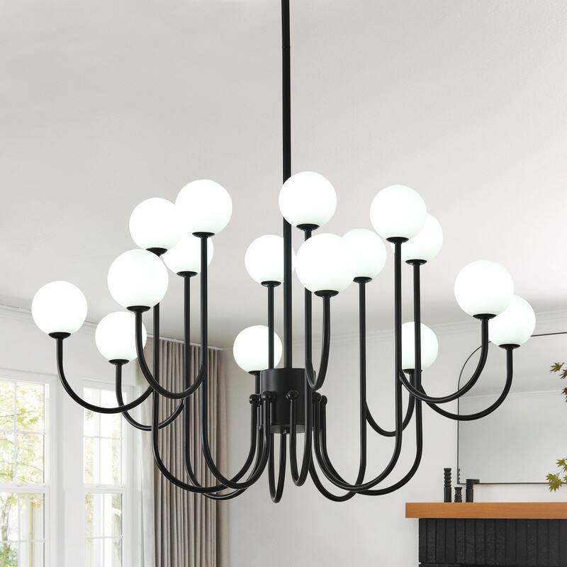 Sputnik Chandelier 16 Lights Black Mid Century Modern Ceiling Pendant Light with Glass Globe Shades - 36.6 in - 36.6 in