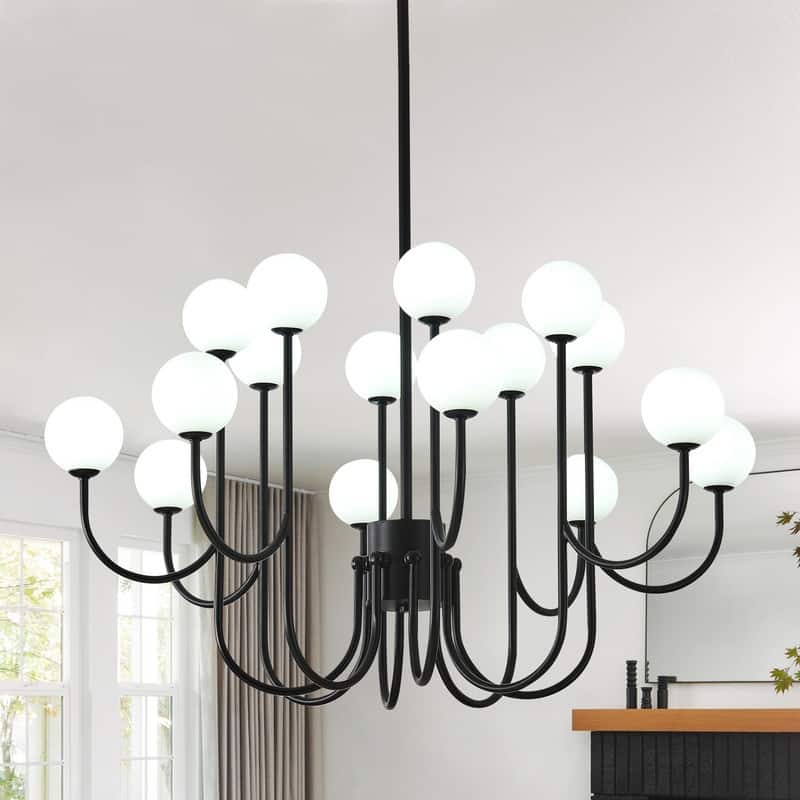 Sputnik Chandelier 16 Lights Black Mid Century Modern Ceiling Pendant Light with Glass Globe Shades - 36.6 in