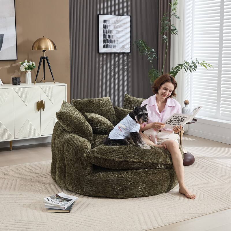 55" Modern Long Polyester Foam Round Bean Bag Sofa Chair with Pillows - Olive Green