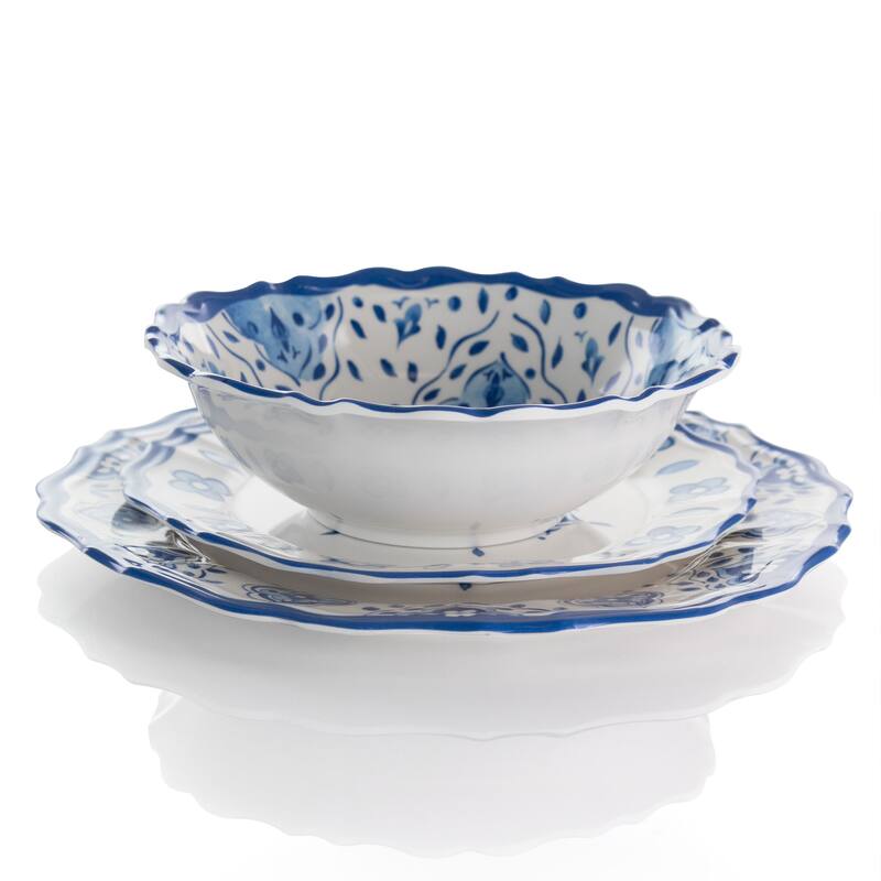 Elama Blue Garden 12 pc Scalloped Lightweight Melamine Dinnerware